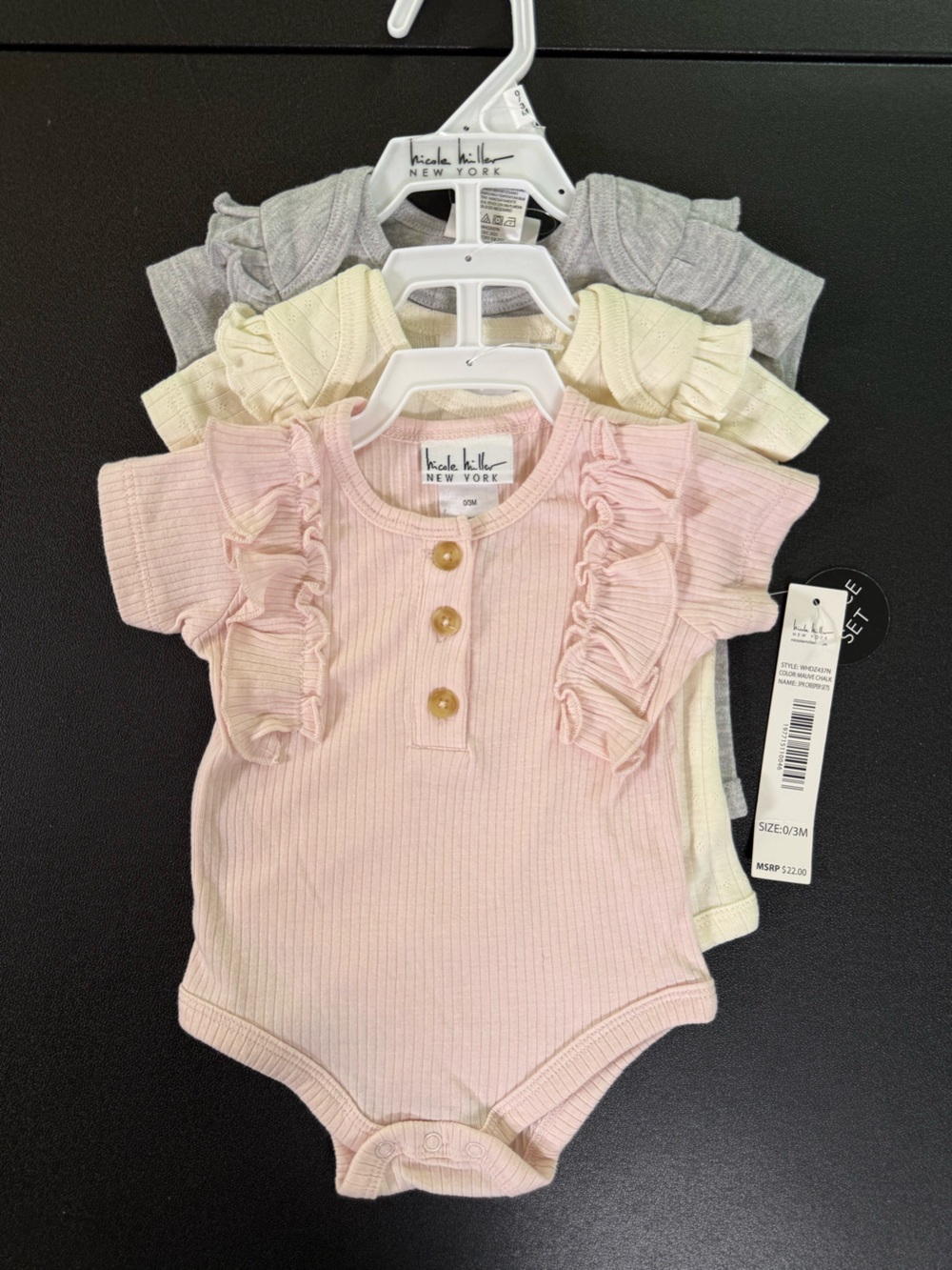 0-3 Nicole Miller 3pack girls onesies Ruffle Henley pink cream gray